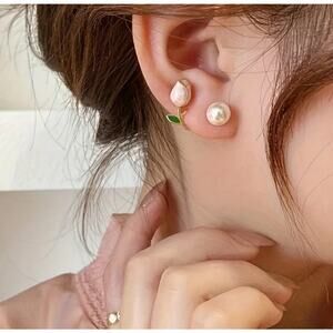 Floral Tulip Pearl Stud Earrings, 925 Silvery Posts, Spring Jewelry, Sweet Gift